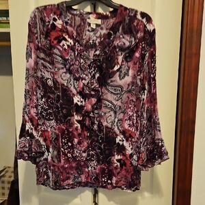 Floral Paisley Women's Top - Purple and Pink.  Ruffle Neckline and Sleeves.